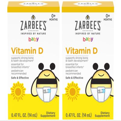 Zarbee's Vitamin D Drops for Infants, 400IU (10mcg) Baby & Toddler Liquid Supplement, Newborn & Up, Dropper Syringe Included, Pack of 2 0.47 Fl Oz Bottles