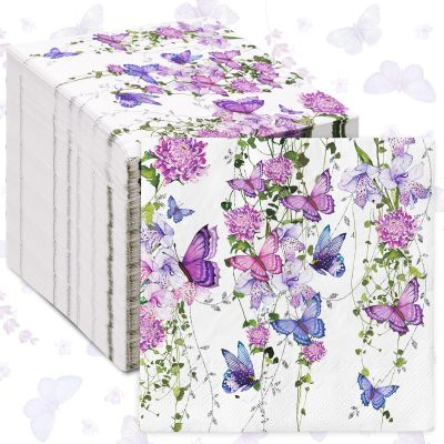 80 Pack Watercolor Floral Paper Napkins Purple Butterfly Disposable Napkins Spring Flower Luncheon Dinner Napkins for Birthday Wedding Party Supplies Table Decor, 6.5 x 6.5 Inch