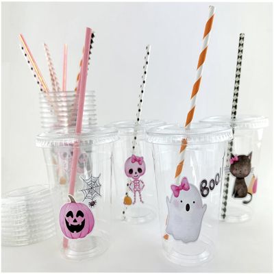 Pink Halloween Party Supplies - 12 Disposable Plastic Cups with Lids & Straws