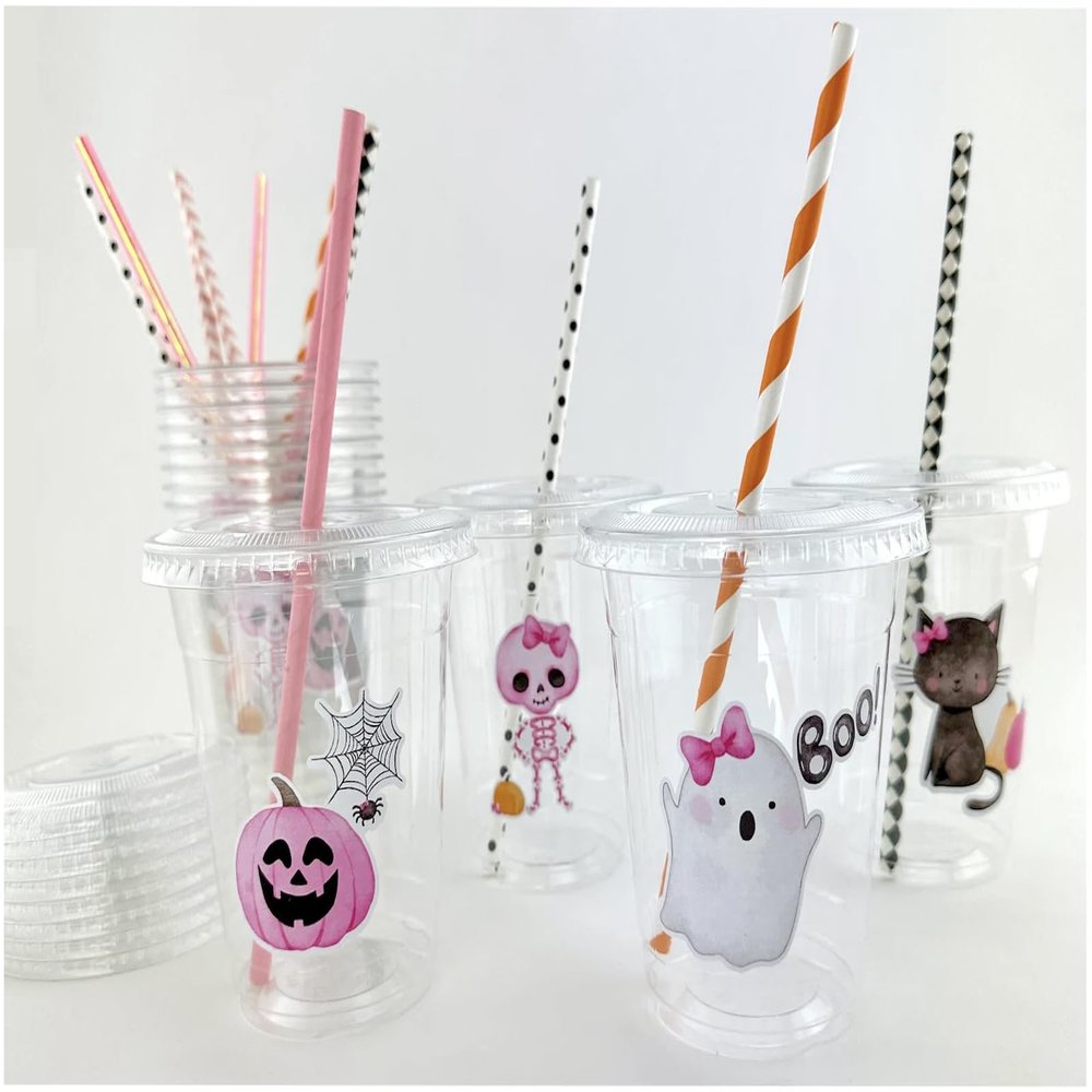 Pink Halloween Party Supplies - 12 Disposable Plastic Cups with Lids & Straws