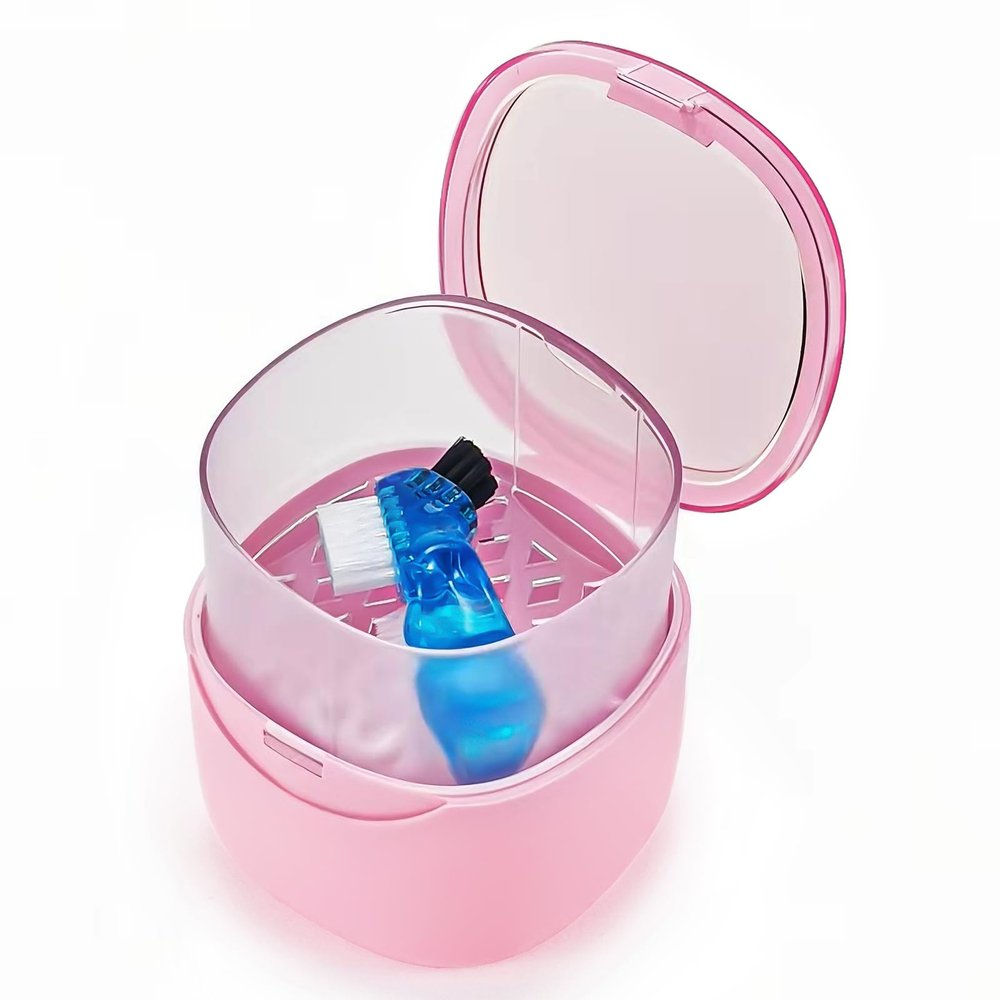 EZEELAI Partial Denture Case Leak Proof with Strainer Basket and Brush, Waterproof Denture Cup Retainer Cleaning Bath Case Travel for Dentures, Braces, Night Guard - Pink