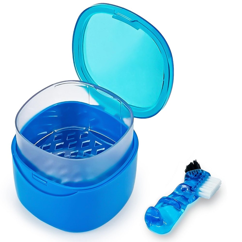 EZEELAI Denture Cleaning Case Dental Retainer Container Soaking Cup with Brush, Denture Storage Bath Box Case Cup Mouthguard Storage Holder Travel - Leak Proof with Lid Waterproof - Blue