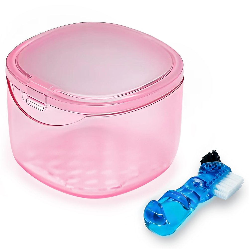 EZEELAI Travel Denture Case Denture Soaking Container with Brush, Denture Cleaning Case Retainer Bath Box Case False Teeth Container - Leak Proof & Lid Waterproof - Transparent Pink