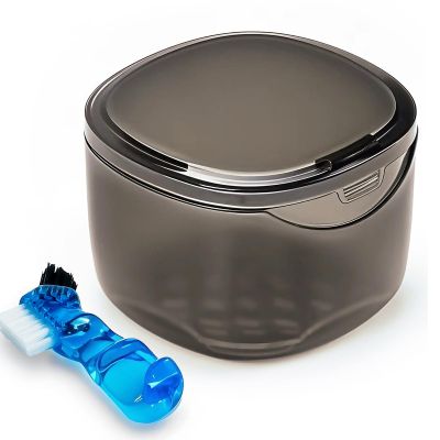 Denture Case Partial Denture Cups for Soaking Dentures, No-Leak Denture Soaking Container Retainer Cleaning Case with Brush for Household|Travel|Office - Transparent Black