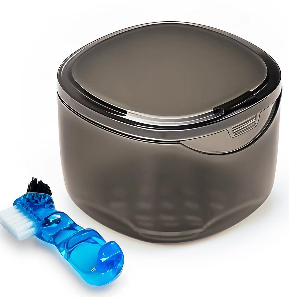 Denture Case Partial Denture Cups for Soaking Dentures, No-Leak Denture Soaking Container Retainer Cleaning Case with Brush for Household|Travel|Office - Transparent Black