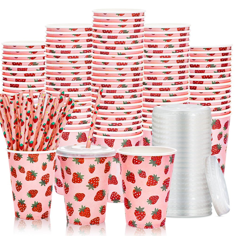50 Sets Strawberry Paper Cups with Paper Straws Plastic Lids 12OZ Disposable Coffee Tea Cups for Girls Fruit Birthday Party Juice Drink Beverage Bar Supplies