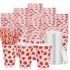 50 Sets Strawberry Paper Cups with Paper Straws Plastic Lids 12OZ Disposable Coffee Tea Cups for Girls Fruit Birthday Party Juice Drink Beverage Bar Supplies view 1