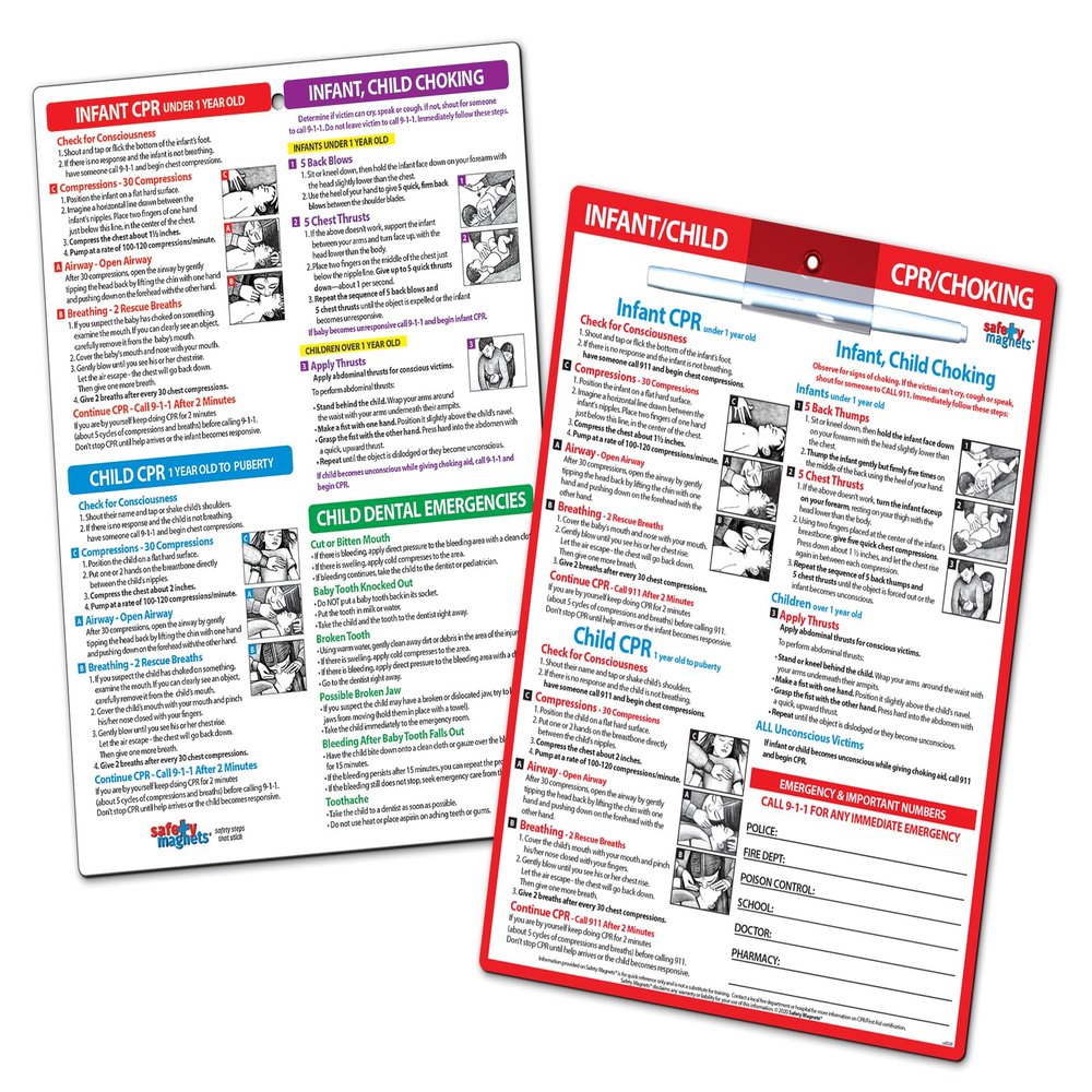 2-Pack First Aid Fridge Magnets  CPR, Choking, Poisoning, Burns, Dental Injuries, Infants, Children  Laminated 8.5 x 11  Home Daycare Supplies