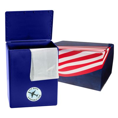 American Flag Themed TSA Approved Fly-Safe and Temporary Travel Cremation Urn Kit for Human Ashes - Airline and Mail Friendly - 200 Cubic Inch Capacity - Blue Plastic Urn with Patriotic Mailing Box