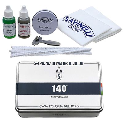 Savinelli Pipe Dopp Kit - Wood Pipe Cleaning and Care Set: Polishing, Cleaners, Reamer, Cloths, Anniversary Tin - Cleaning Set For Briar Wood Pipes