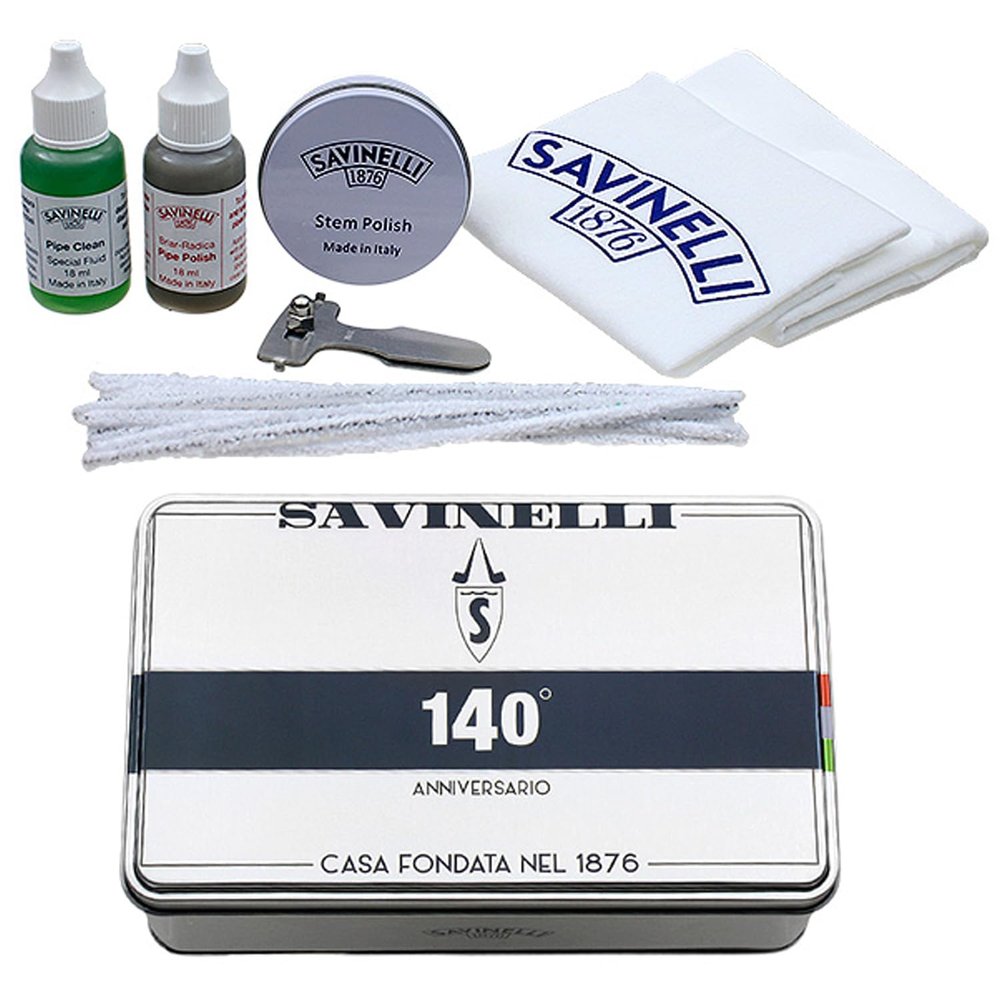 Savinelli Pipe Dopp Kit - Wood Pipe Cleaning and Care Set: Polishing, Cleaners, Reamer, Cloths, Anniversary Tin - Cleaning Set For Briar Wood Pipes