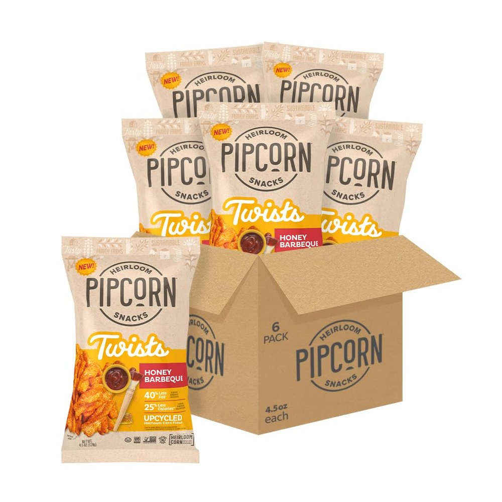 Heirloom Honey BBQ Twists by Pipcorn - 4.5oz 6 Pack - Gluten Free, Non-GMO Heirloom Corn, Non-Artifical, Preservative Free Snacks