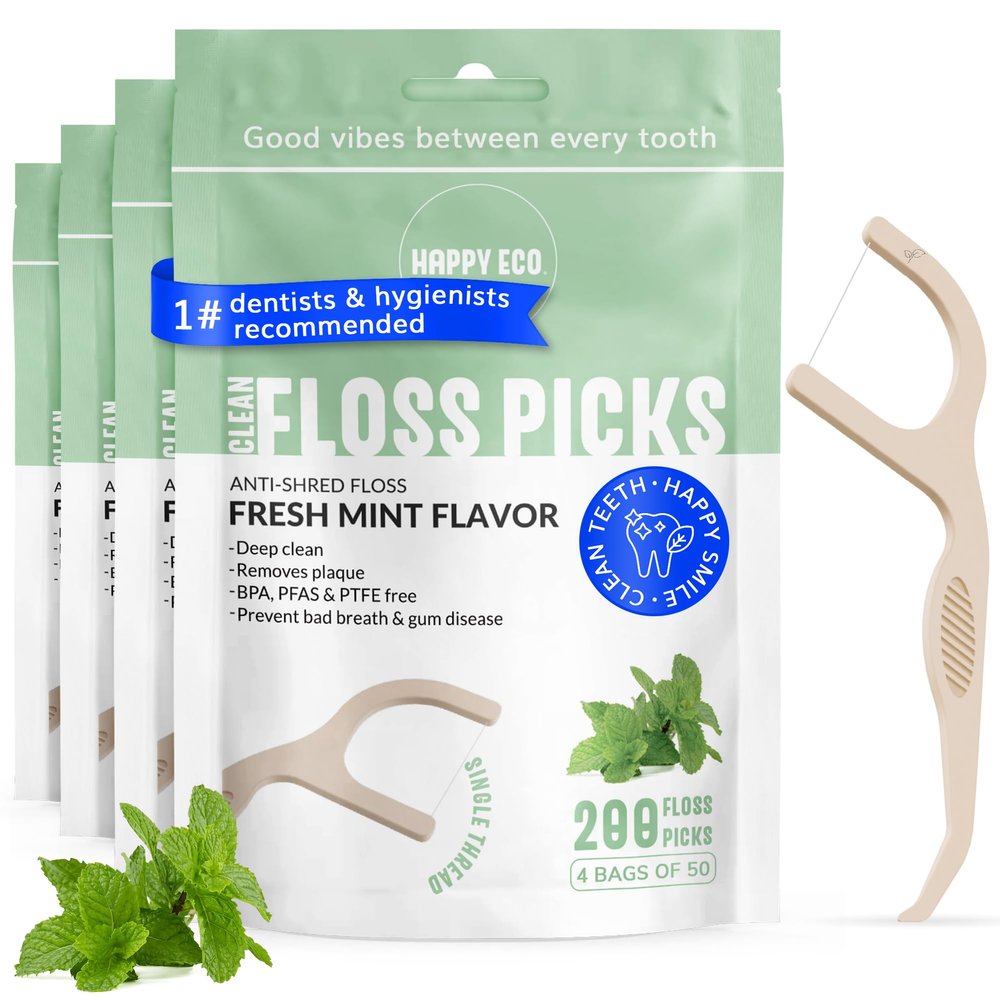 Dental Floss Picks (200pcs) - Flossers for Adults, Vegan Corn-Straw Handle, Superior Oral Care & Anti-Shred Thread, Dental Hygiene, Tooth Pick Sticks, Teeth & Gum Health (Mint, Single Thread)