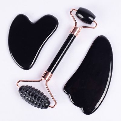 AAKOMA Jade Sawtooth Face Roller GuaSha Tool Set Natural Black Obsidian Crystal Stone,3 Pcs Sawtooth
