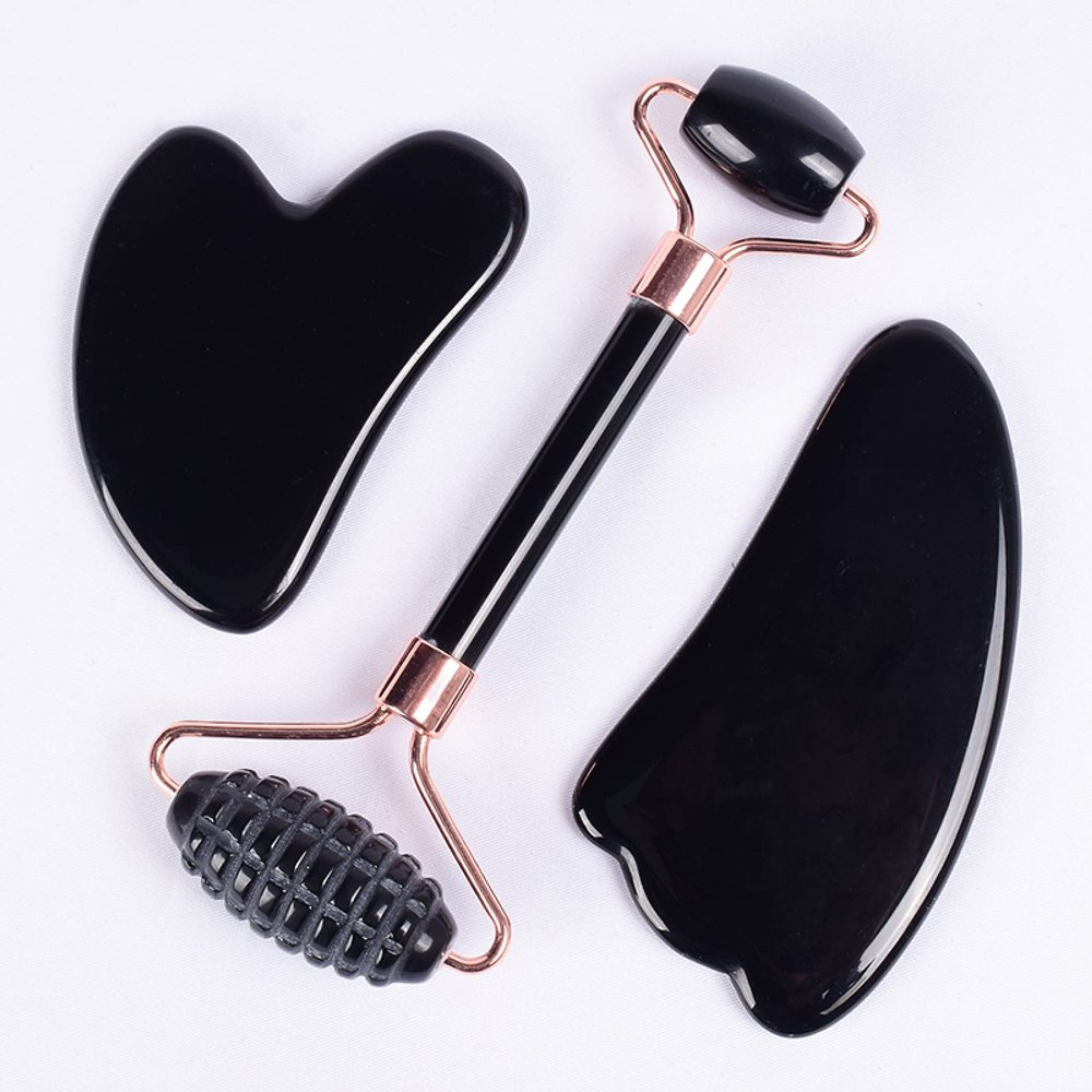 AAKOMA Jade Sawtooth Face Roller GuaSha Tool Set Natural Black Obsidian Crystal Stone,3 Pcs Sawtooth