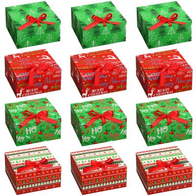 Blulu 12 Pack Christmas Gift Boxes with Lids Present Candy Cookie Boxes Christmas Gift Box with Ribbon Xmas Holiday Cupcakes Box for Pastries Donuts Treat Gifts Party Favors, 6.7 x 6.7 x 3.5 Inches
