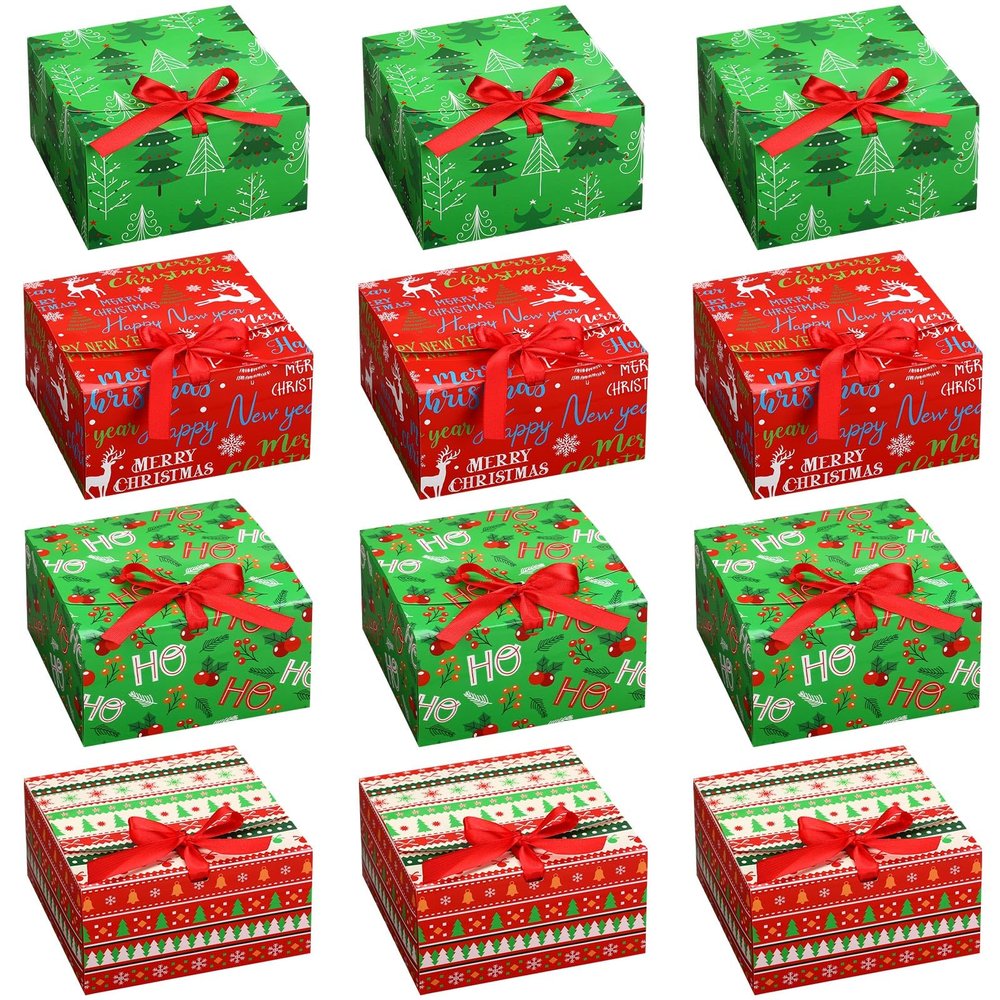 Blulu 12 Pack Christmas Gift Boxes with Lids Present Candy Cookie Boxes Christmas Gift Box with Ribbon Xmas Holiday Cupcakes Box for Pastries Donuts Treat Gifts Party Favors, 6.7 x 6.7 x 3.5 Inches