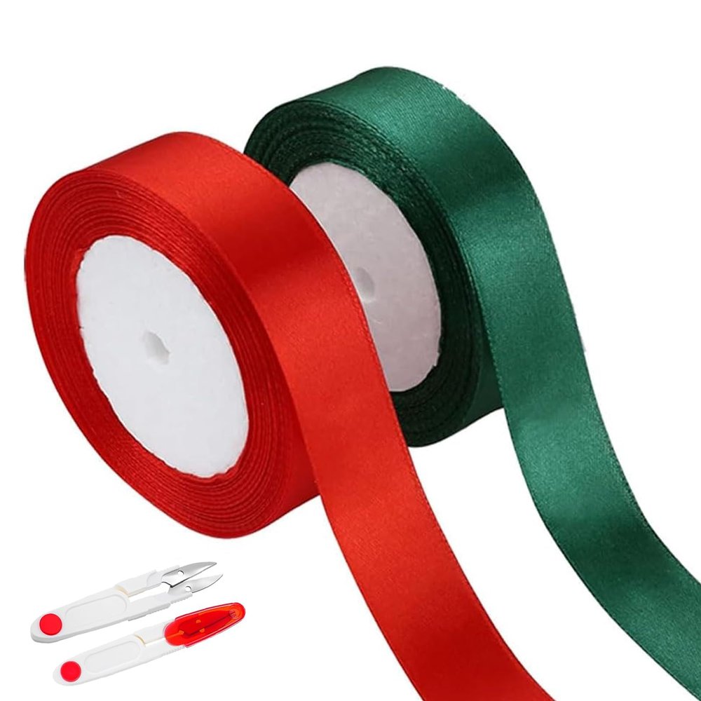2 Pack Gift Ribbon, Christmas Ribbon, Gift Wrapping Ribbon,0.8 Inch Polyester Satin, Fabric Ribbon for Wrapping, Bow Making, Hair, Christmas Tree Decoration(75.5 Feet) (Red+Green)