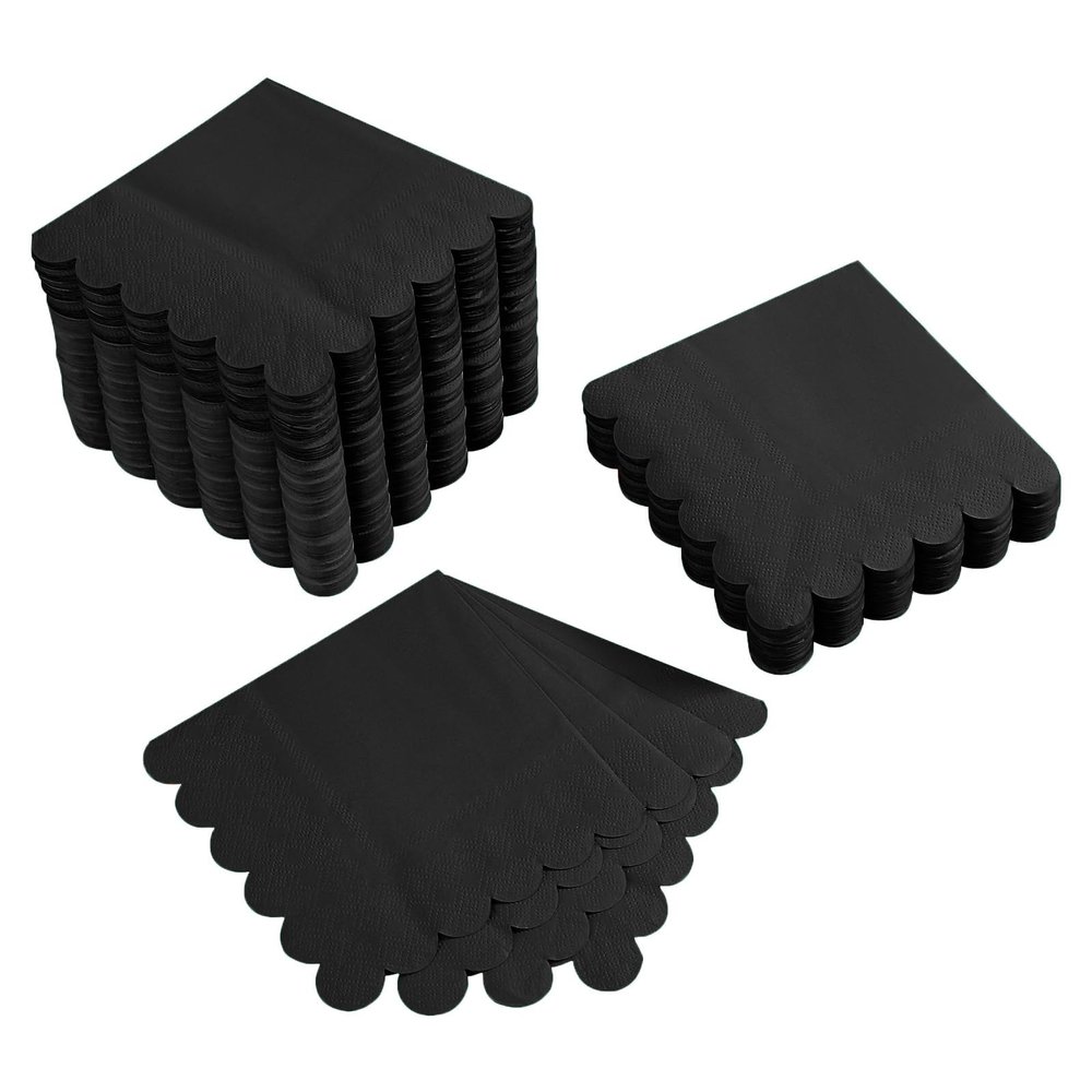 100 Pack Cocktail Napkin 2-Ply Scalloped Edged Dessert Napkins Folded 5 x 5 Inches Disposable Napkins for Dinner Wedding Birthday Party Bridal Anniversary Reception Event (Black)