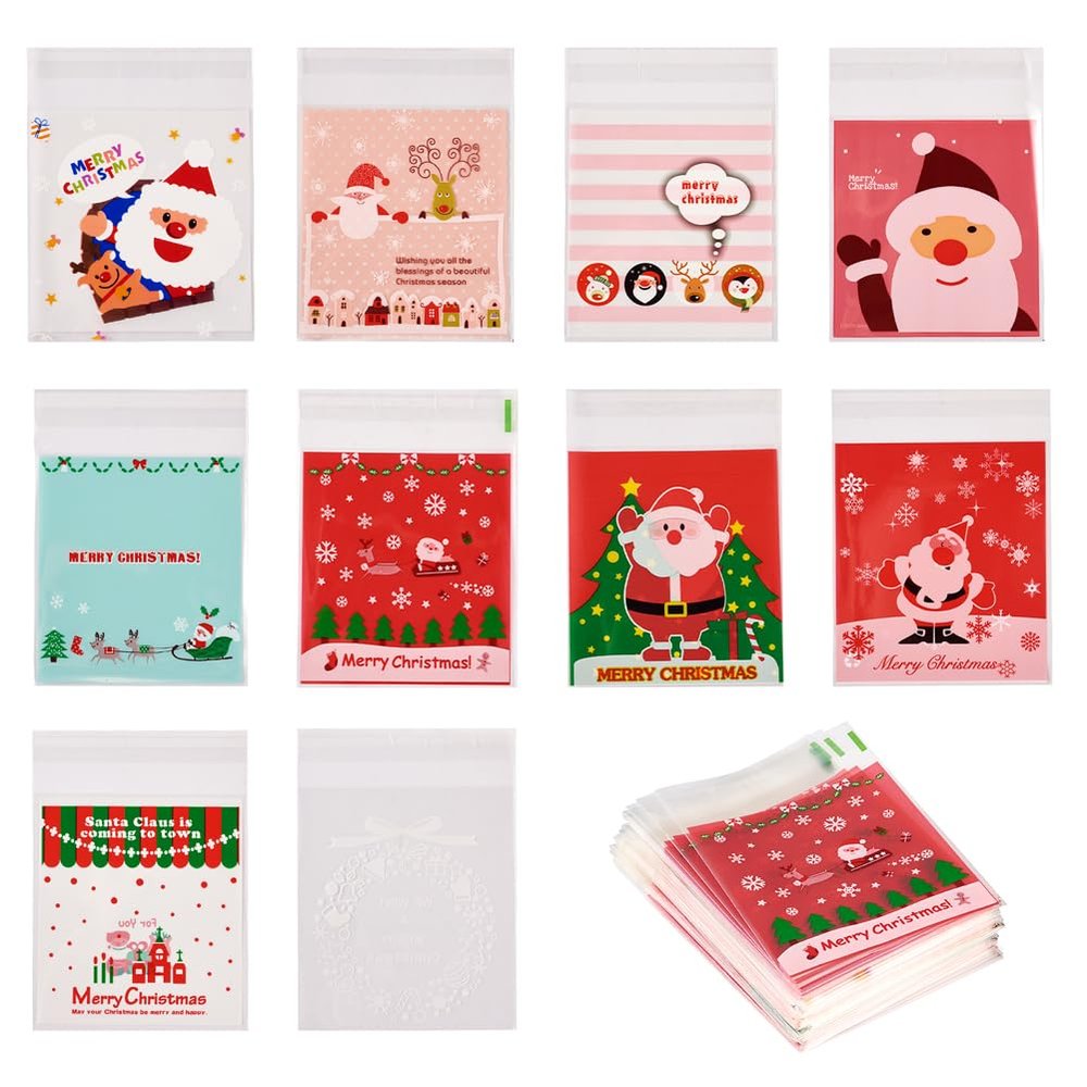 Cheriswelry Christmas Gift Bags 130x100x0.2mm Cellophane Goodies Bag 200Pcs Self-adhesive Candy Cookie Snack Bag for Holiday Decoration Party Favor Supplies
