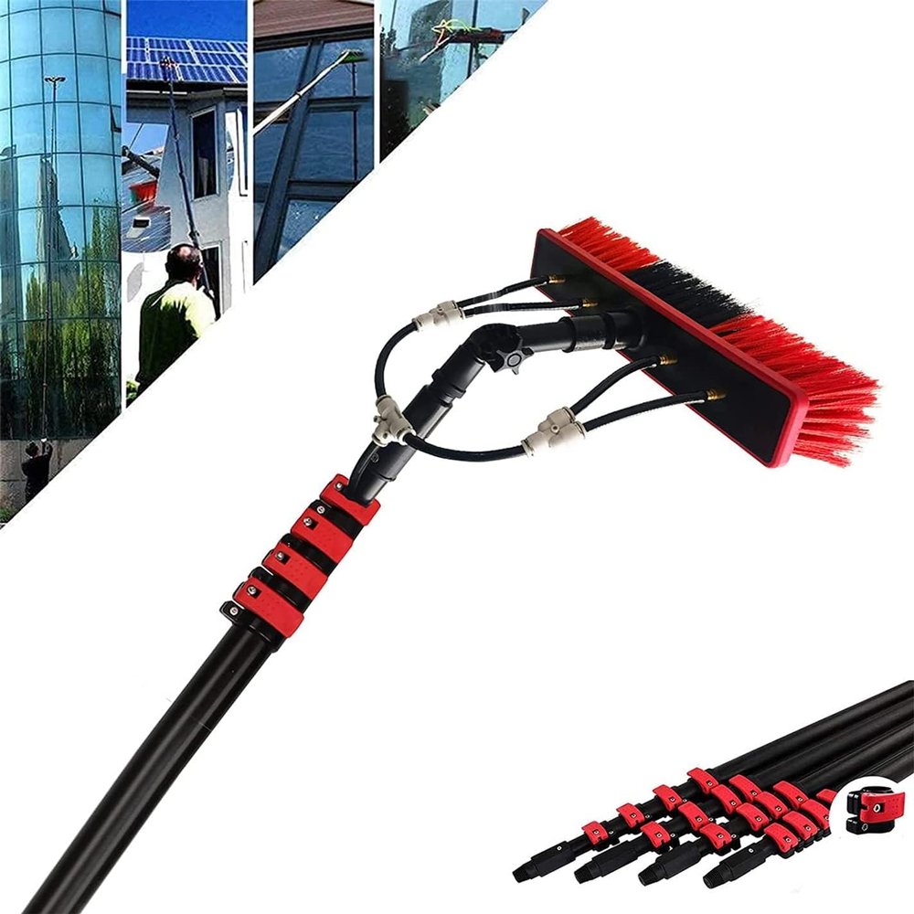 Water Fed Pole Kit, 3.6-11m Adjustable Window Cleaning Pole - 180 Rotatable Brush Head Telescopic Cleaning Brush Outdoor Window Glass Solar Panel Spray Washer Washing Equipment (12FT/3.6M)