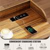HWB Overbed Desk with Charging Station-Over Bed Table-Adjustable Length/Height with Wheels - Human Sensor LED Light Mobile Queen Size Bed Table Rolling Tray Table for Eating & Laptops, Brown view 3