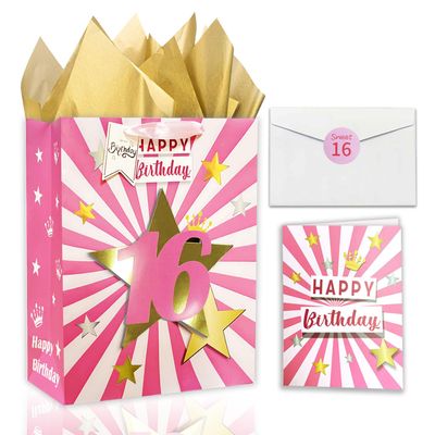 16th Birthday Gift Bag With Tissue Paper, 13" Pink Gift Bag With Card for 16 Year Old Girl