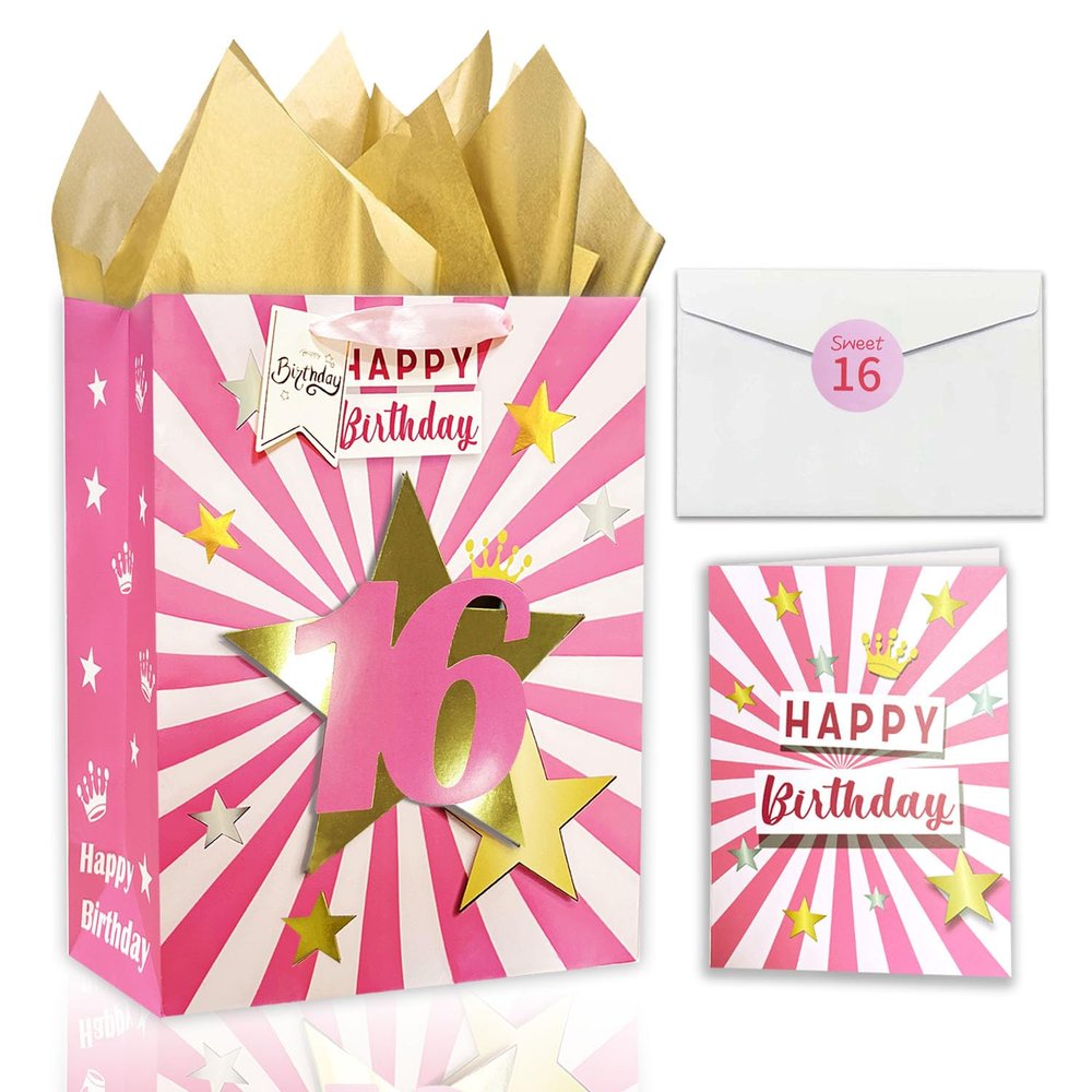 16th Birthday Gift Bag With Tissue Paper, 13" Pink Gift Bag With Card for 16 Year Old Girl