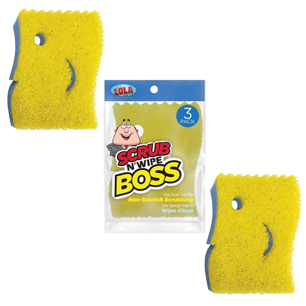 LOLA Scrub N Wipe Boss, 3 Pack, Non-Scratch Scrubbing, 2-Sided Sponge, Remove Debris, Firm in Cold Water/Flexible in Warm Water, Made in USA