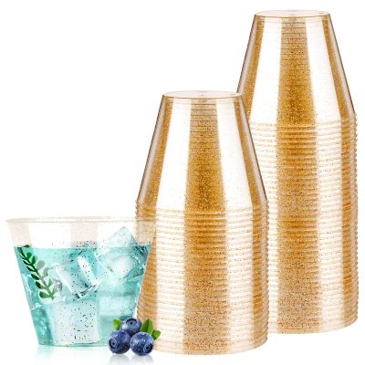 50PCS 9oz Glitter Plastic Cups for Party, Disposable Gold Cups, Plastic Cocktail Glasses for Wedding Thanksgiving, Christmas, and Parties