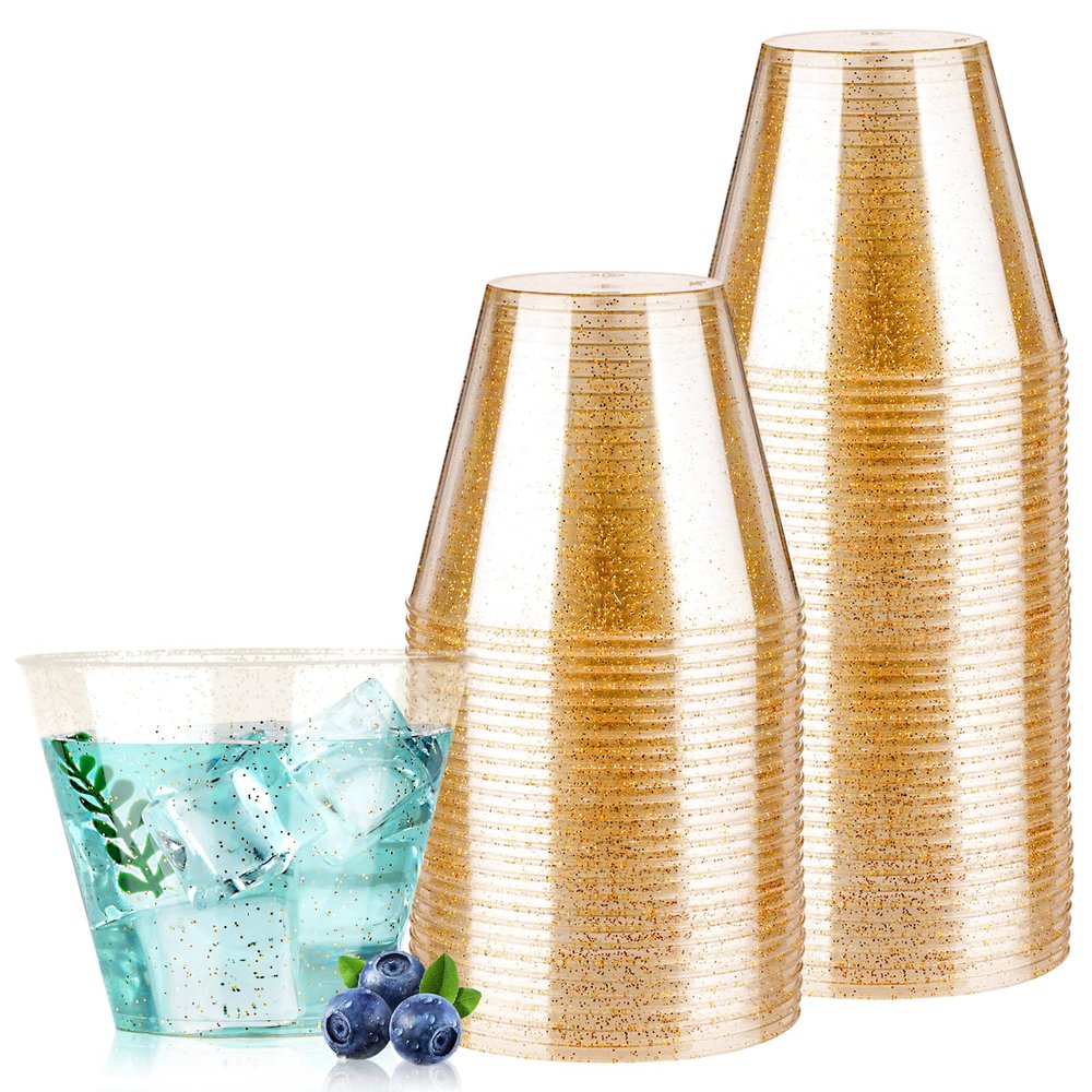50PCS 9oz Glitter Plastic Cups for Party, Disposable Gold Cups, Plastic Cocktail Glasses for Wedding Thanksgiving, Christmas, and Parties