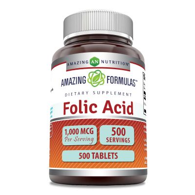 Amazing Formulas Folic Acid 1000 Mcg (1 Mg) Tablets Supplement | Vitamin B9 | Non-GMO | Gluten Free | Made in USA (500 Count)