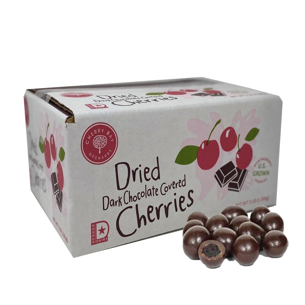 Cherry Bay Orchards Dark Chocolate Covered Cherries (3 lb Bulk Box) - Natural Dried Tart Montmorency Cherries - 100% Domestic, Grower Owned, Preservative Free, No Added Color, Kosher Certified