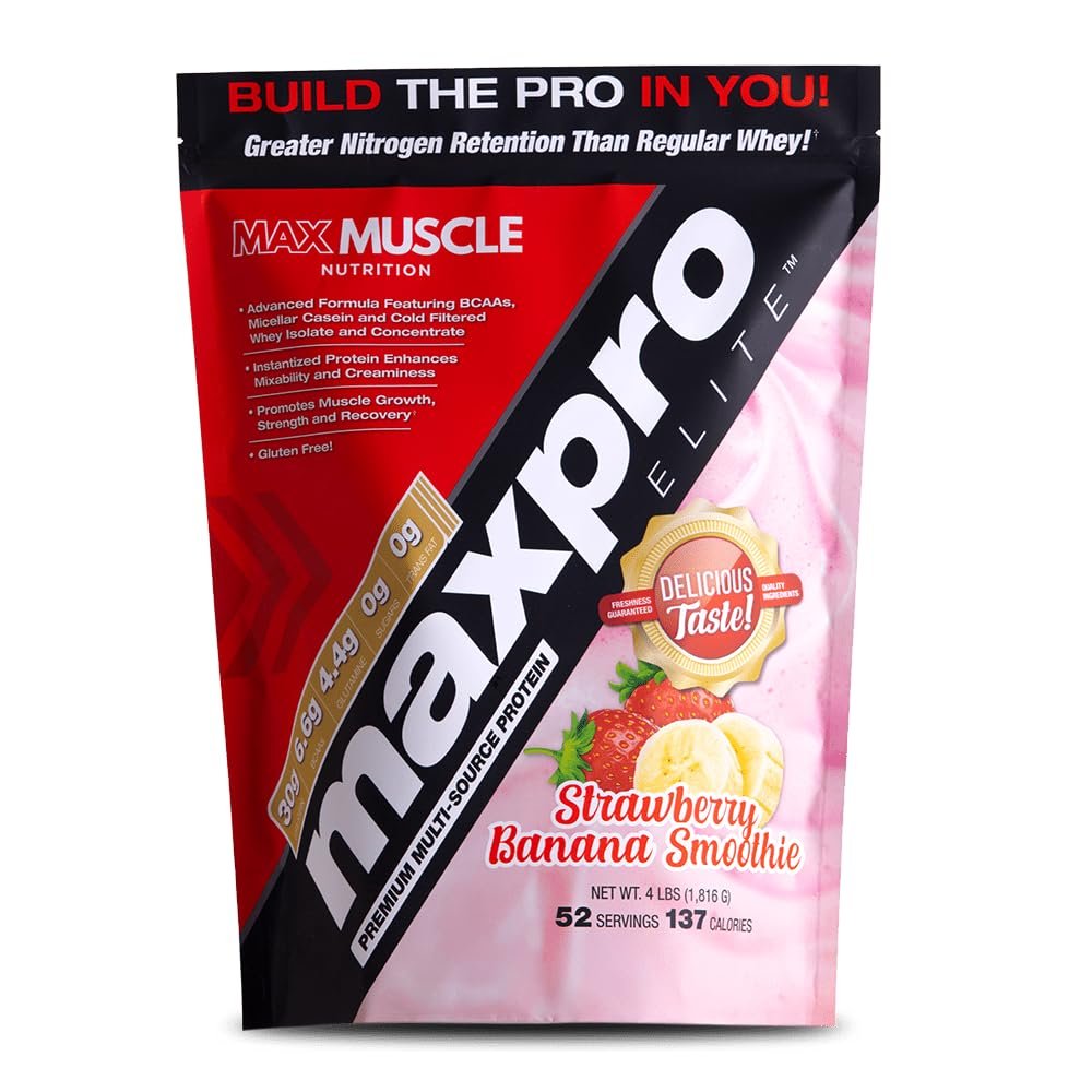 Max Muscle Maxpro Elite Whey Protein Powder | 30g Protein | 0g Sugar | 6.6g BCAAs | Micellar Casein Cold Filtered Whey Isolate Protein | Promotes Muscle Growth & Recovery (Strawberry Banana, 4lb)