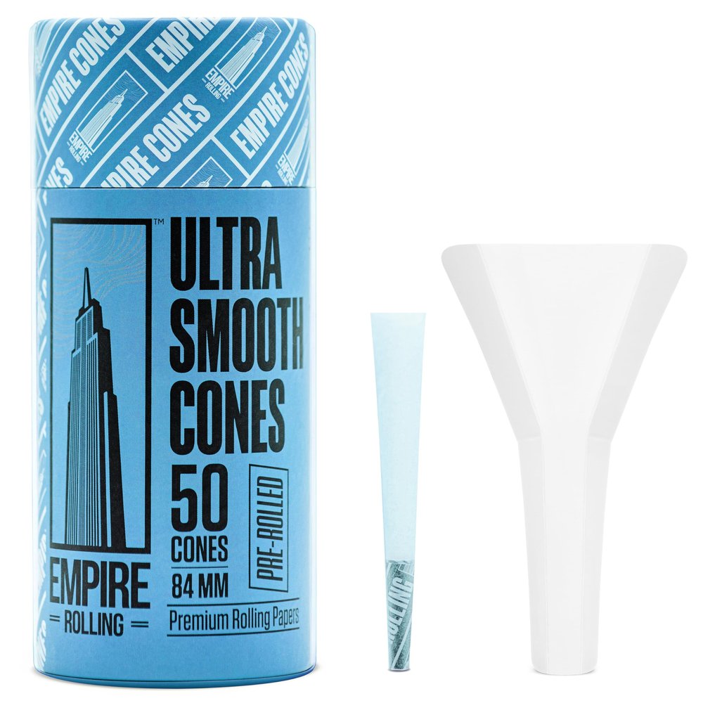 Empire Rolling  Premium Ultra Smooth Blue Pre-Rolled Cones | 50-Count + Packer | Natural Fibers, 1.25" (1 1/4) Size, Bold Color, Eco-Friendly Packaging