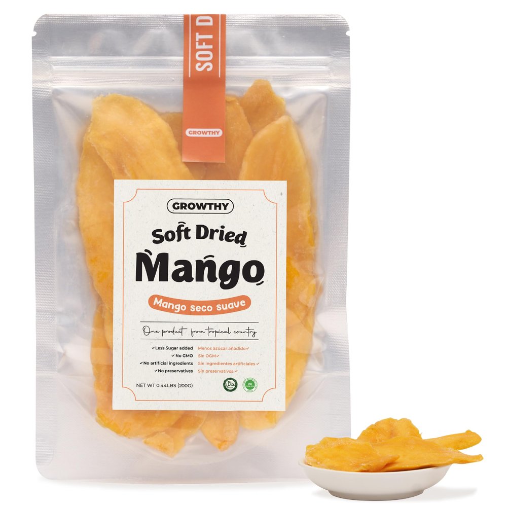 Growthy Soft Dried Mango Slices 200Grams, Low Sugar, Soft & Juicy Texture, No Preservatives or Artificial, Healthy Soft Chewy Mango For Kids And Adults, Healthy Vegan Snack, Exotic Tropical Taste