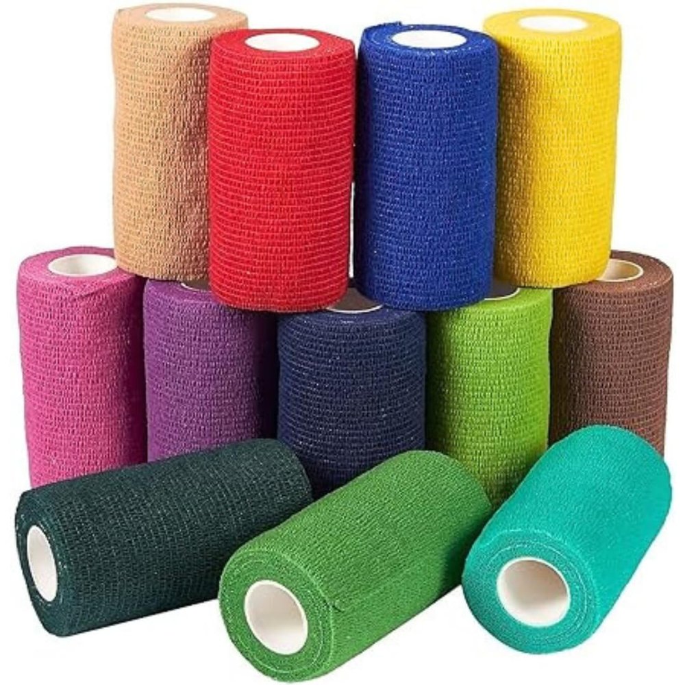12 Rolls Colorful Set of Self Adhesive Bandage Wrap, Vet Tape, 4" Wide X 5 Yards Long (12 Colors)
