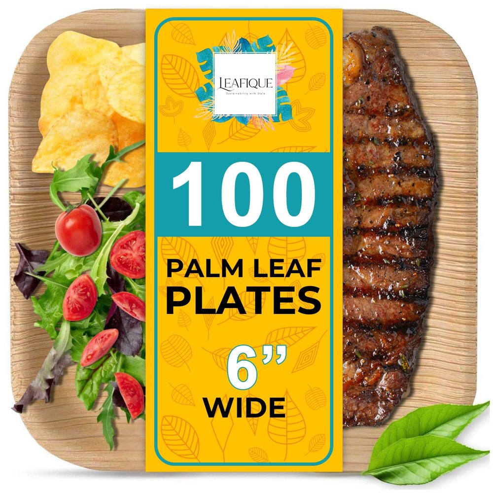 100% Natural 6 Palm Leaf Square Plate (100 pack), Compostable & Biodegradable Dinnerware for Catering, Birthdays, Halloween, BBQs, Thanksgiving, Alternative to Paper & Bamboo Plates Disposable