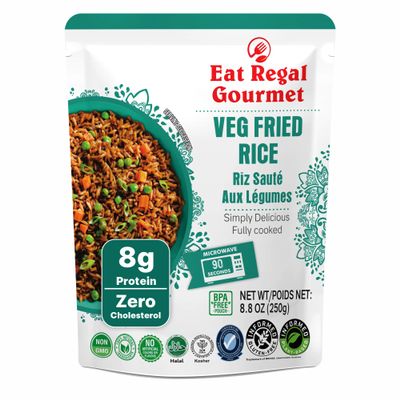 Eat Regal Ready to Eat Veg Fried Rice, 8g Protein per Pouch, 1.5 Minutes Microwave Rice, Zero Cholesterol, Savory Vegetable Flavor, Non-GMO Ingredients, Gluten-Free, Halal & Kosher, BPA-Free Pouch, 8.8 oz Pack of 6