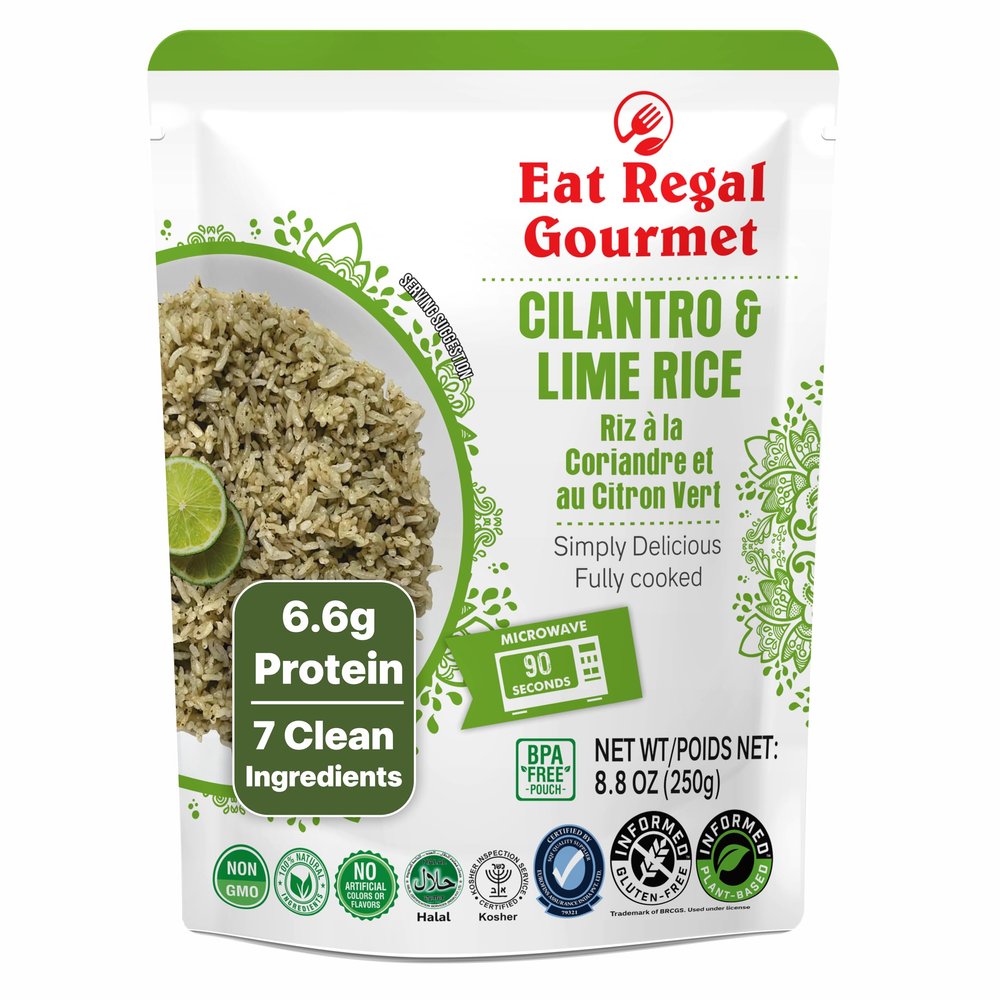 Eat Regal Cilantro & Lime Rice Ready to Eat in 1.5 Minutes Microwave Pouch, 7 Clean Non-GMO Ingredients, 6.6g Protein, No Clump & No Kneading, 8.8 oz Shelf Stable Side Dish, 8.8oz Pack of 6