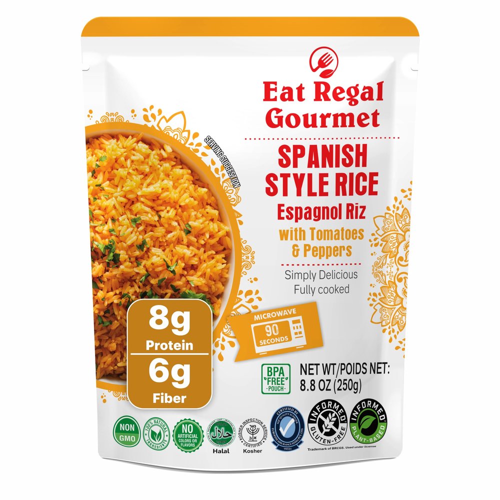 Eat Regal Ready to Eat Spanish Style Rice with Tomatoes & Peppers, 8g Protein & 6g Fiber per Pouch, Microwave Rice, Bold Spanish-Inspired Flavor, Non-GMO Ingredients, Gluten-Free, Halal & Kosher, BPA-Free Pouch, 8.8 oz Pack of 6