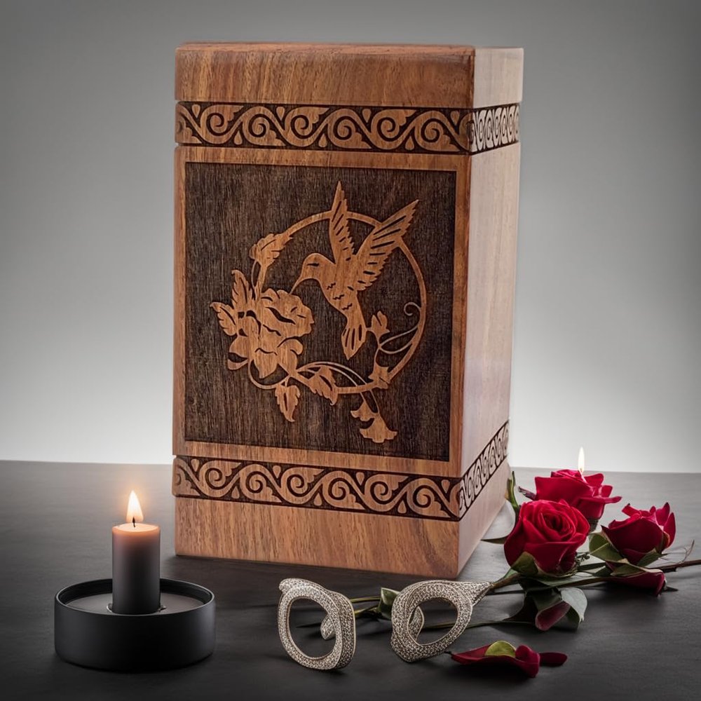 Prime Art Wooden Urns for Human Ashes Tree of Life Urns Cremation Urns for Adult Ashes Funeral Urns Wooden Pet Urn Wooden Urn Box ((Large - 11.25" Hx6.25 W (250 Cu/in), Hummingbird Natural)