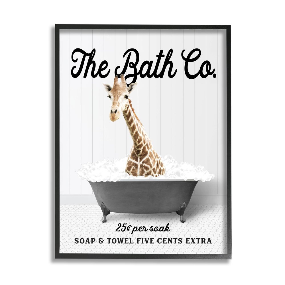 Stupell Industries Giraffe Vintage Bubble Bath Framed Giclee Art by Lettered and Lined