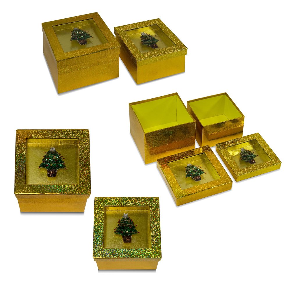 Expo International Value Pack of Hologram Set with Decorative Christmas Tree Sequin A Gift Boxes, Gold