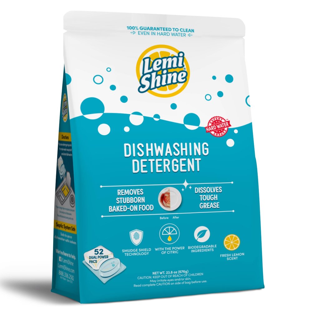 Lemi Shine Natural Dishwasher Pods | All-In-One Powder & Gel Dishwasher Detergent Pods with Powerful Citric Acid | Eco Friendly Dish Wash Cleaning Supplies (52 Count)