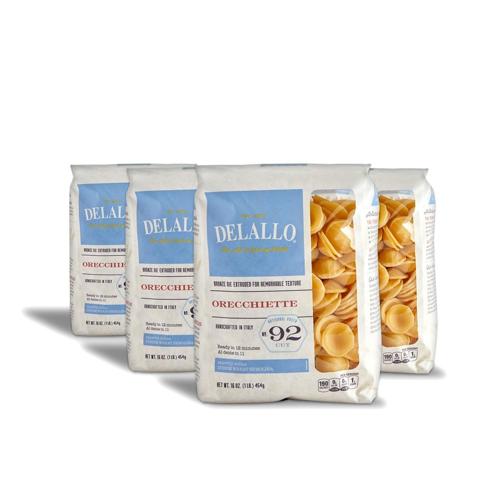 DeLallo Orecchiette Pasta, Made in Italy, Bronze Cut, Kosher, Made with Only 100% Durum Wheat Semolina Flour, Non-GMO, Vegan, 1 Pound Bag, (4 Pack)