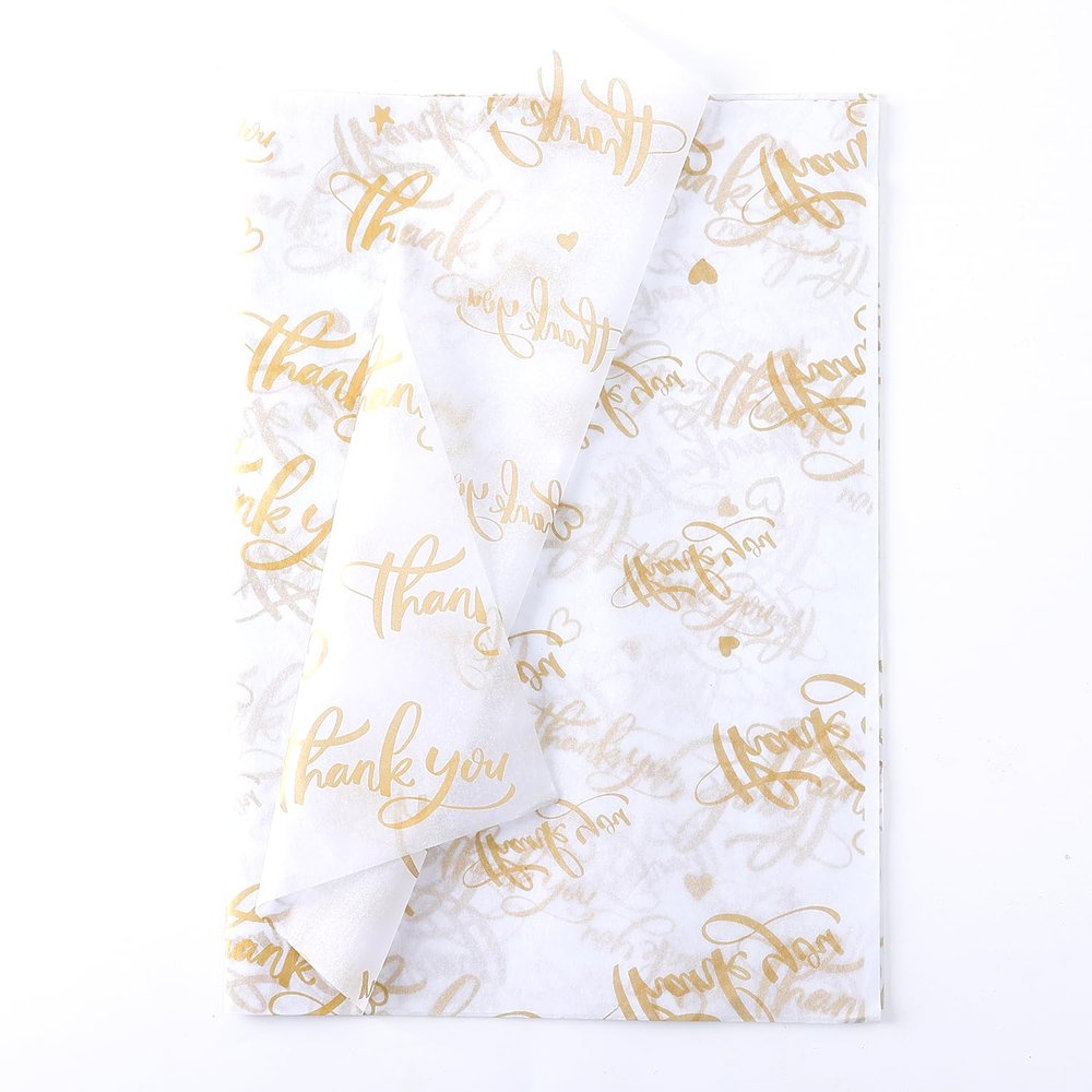 100 Sheet Thankyou Gift Wrapping Tissue Paper 14x20 Recyclable White with Metallic Gold Packaging Bag for Wedding Birthday Showers Art Craft Party Favor Decoration
