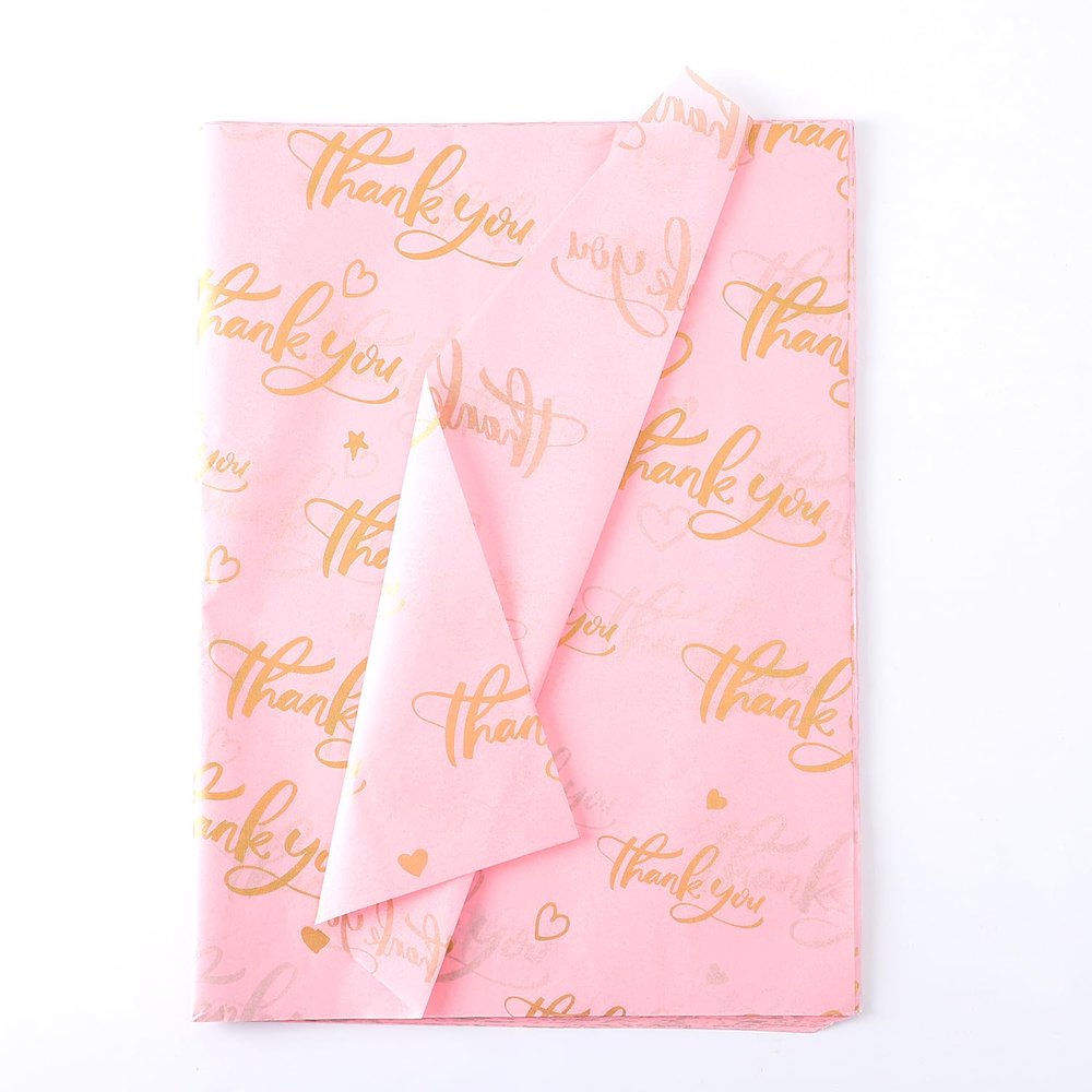 100 Sheet Thankyou Gift Wrapping Tissue Paper 14x20 Recyclable Pink with Metallic Gold Packaging Bag for Wedding Birthday Showers Art Craft Party Favor Decoration
