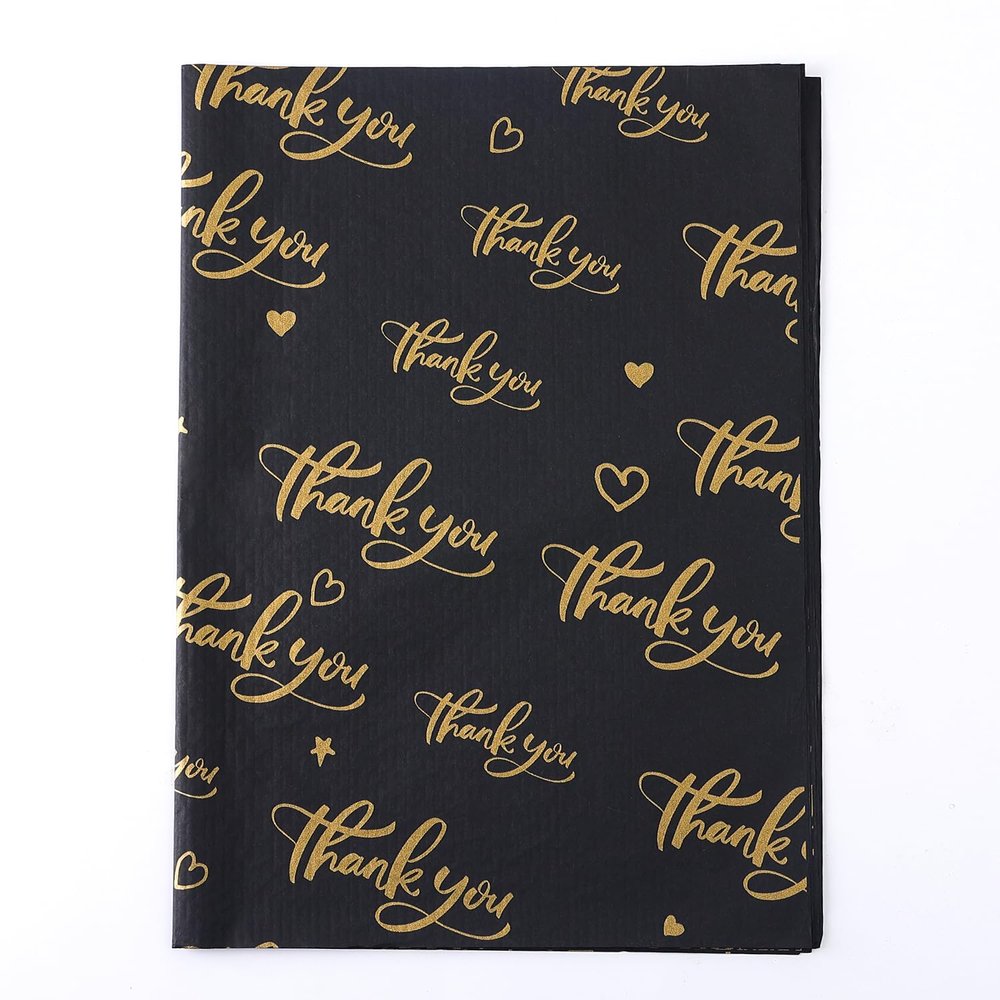 100 Sheet Thankyou Gift Wrapping Tissue Paper 14x20 Recyclable Black with Metallic Gold Packaging Bag for Wedding Birthday Showers Art Craft Party Favor Decoration
