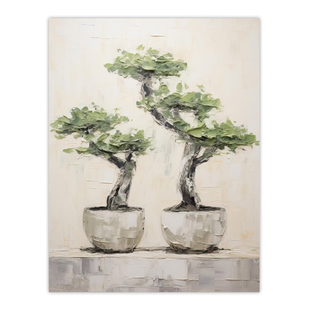 Artery8 Japanese Bonsai Trees In Pots Oil Painting Pallet Knife Neutral Tone Textured Tree Artwork Large Wall Art Poster Print Thick Paper 18X24 Inch